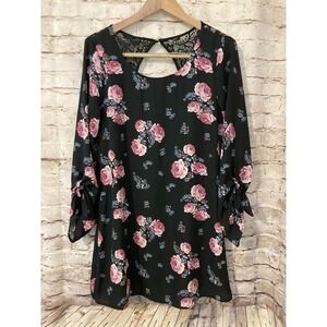 Speechless Dress‎ Womens Large Black Floral Twist Sleeves Lace Trim Fit & Flare